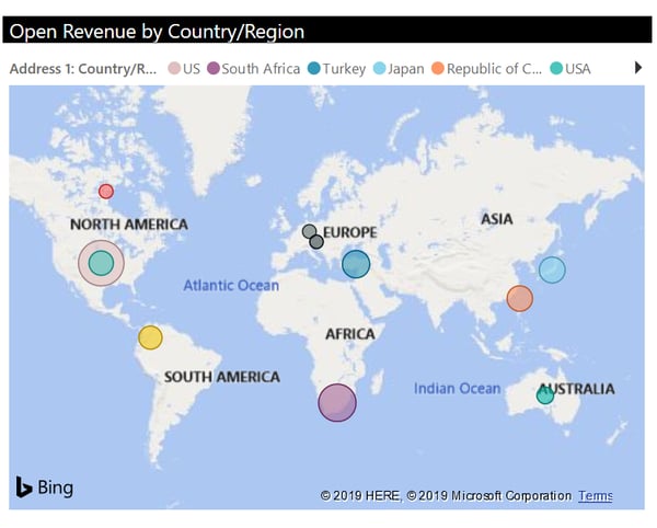 Power BI_Microsoft Dynamics 365 CRM_Open Revenue by Country Region Dashboard_Createch Montreal Canada