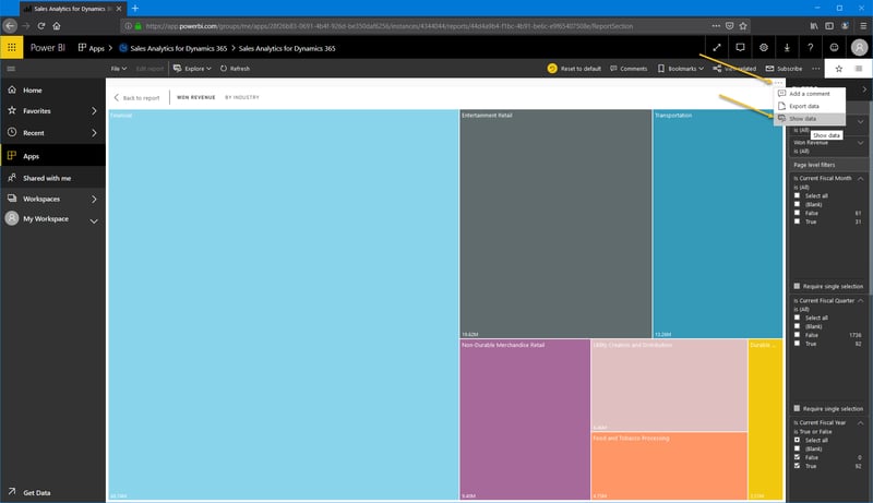 Power BI_Microsoft Dynamics 365 CRM_Won Revenue by Industry Dashboard_view data_Createch Montreal Canada